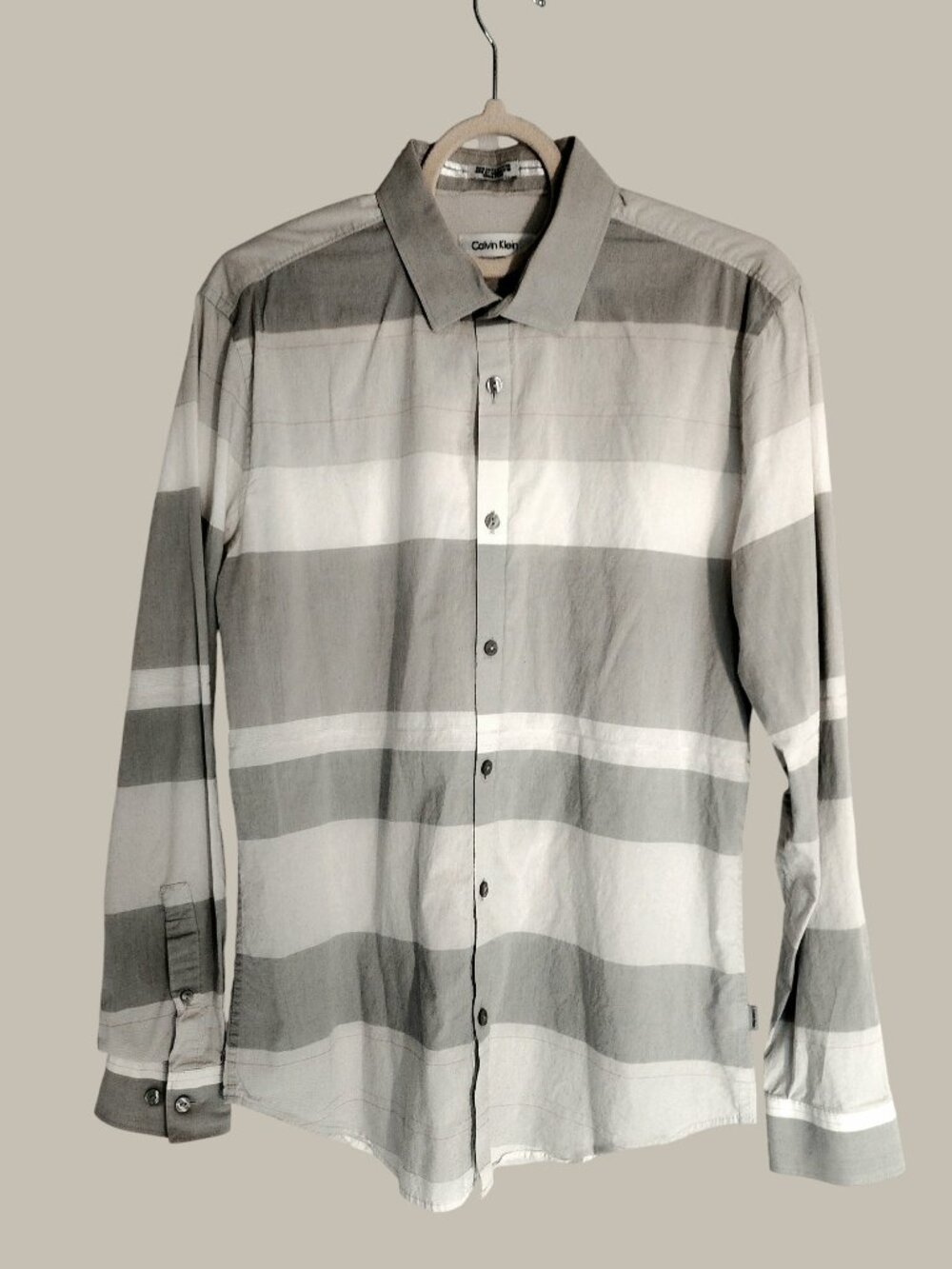 Calvin Klein Grey and White Striped Mens Longsleeve - Medium